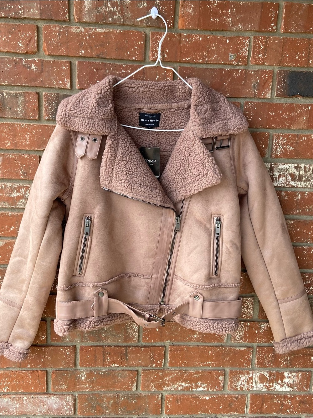 Haute Monde Dusty Rose Faux Shearling Aviator Jacket